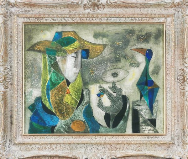 Charles Campbell (1905-1985) American: WOMAN WITH BIRD, oil painting on panel, signed lower right, 11 x 14”, framed, a few tiny nicks, otherwise in good condition.