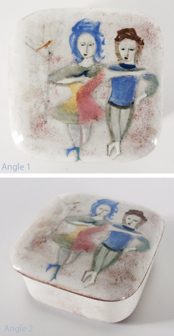 Ceramic: Polia Pillin: DANCERS, painted square box with cover, signed underneath, 5 ½ x 5 ½ x 3”, minor surface glaze loss on the inside rim of the box not visible with cover on, otherwise in good condition.