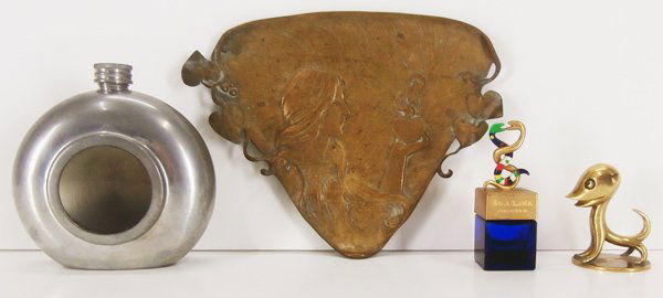 Decorative Arts: Niki St. Phalle Design, Paul Berthon: Niki St. Phalle, FIRST EDITION parfum, ¼ ounce (half-full) glass bottle with metal cloisonné sculptural top, artist’s stamped signature & stamped first edition; Paul Berthon style, Woman with hear