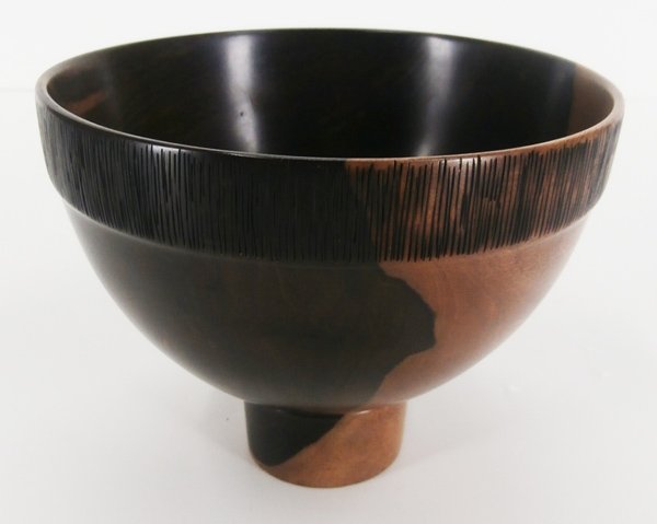 Decorative Art: Contemporary wood by Gene Pozzesi: Macassar ebony footed bowl, 5” tall, 6 ¼” diameter, signed underneath.