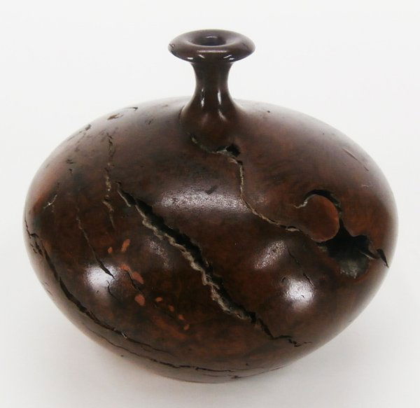 Decorative Art: Contemporary wood by Hap Sakwa: Turned Manzanita wood vase, 1978, signed and dated and inscribed Manzanita underneath, 4” tall, 5” diameter.