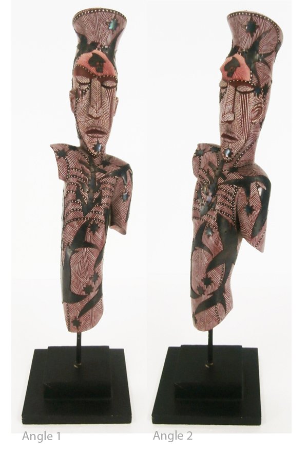 Folk Art: George Klauba (b.1938) American: MILAGRA FIGURE, extensively painted carved wood sculpture with applied copper cutouts, signed, 26” high with stand.