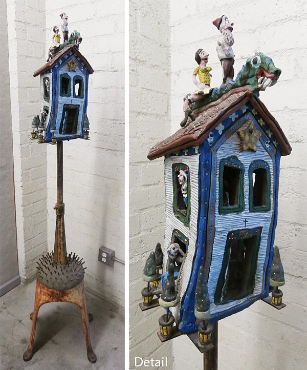 Folk Art: Sculpture (artist unidentified): PRAY TO OUR LADY OF NIGHT-LIFE, painted and constructed ceramic and metal sculpture, 75 x 15 x 15”, a few re-attached pieces, possibly lacking some small unobtrusive items, dust accumulation, otherw
