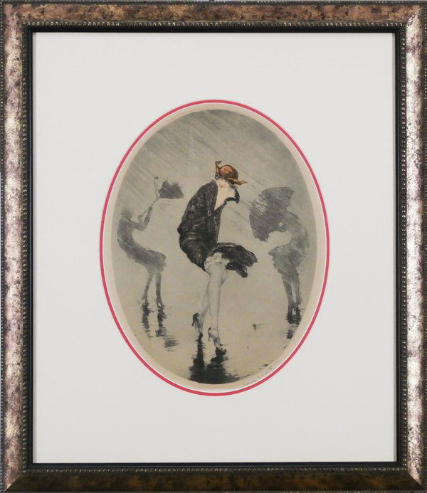 Louis Icart (1888-1950) French: RAIN (H.245), 1925, color etching, signed in pencil, image 18 ½ x 14” oval, full margins, artist’s blind stamp lower left, publishers Le Gravures Modernes, framed with glass, sun toning, otherwis