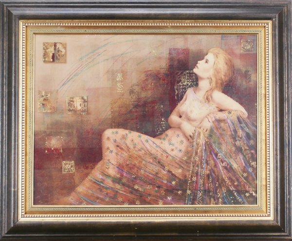 Csaba Markus (b. 1953) Hungarian: PEARL BUENOS, mixed media print with hand-coloring on canvas, signed in gold ink, from the numbered edition 120, size 22 ½ x 29”, framed, a few hairline cracks, otherwise in good condition.