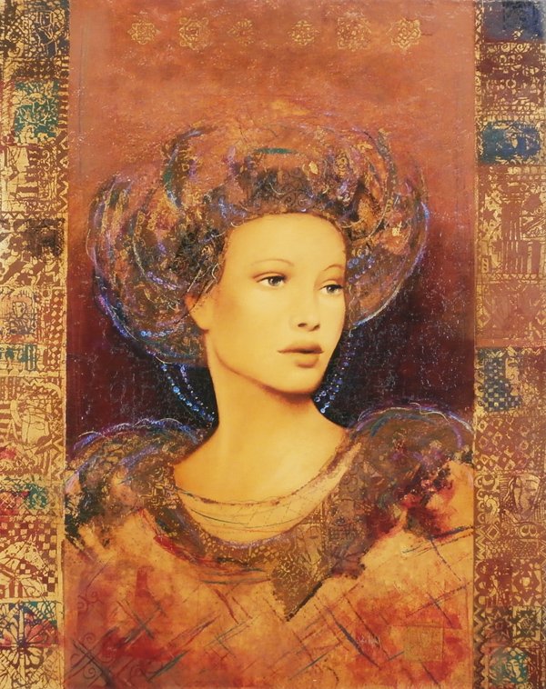 Csaba Markus (b. 1953) Hungarian: PORTRAIT OF A WOMAN, mixed media print with hand-coloring on canvas, signed in gold, from the numbered edition 99, size 40 x 32”, a few hairline cracks, otherwise in good condition.