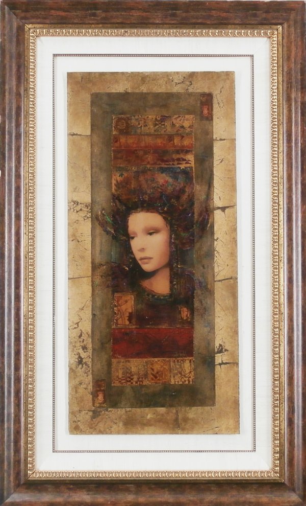 Csaba Markus (b. 1953) Hungarian: HARMONIA, mixed media print on multi-sheets of paper with hand-coloring, signed in gold ink lower right, overall 31 ¼ x 14 ¾”, from the numbered edition 70, framed, in good condition.