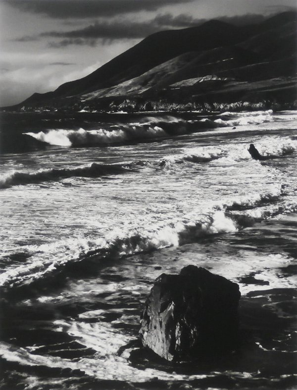 Photography: Morley Baer (1916-1995) American: WINTER SURF, GARRAPATA, 1966, gelatin silver print, 15 ½ x 19 ½”, artist mounted to board, signed and dated on board, stamped dated and titled on verso, strip of linen tape along board edge, two l