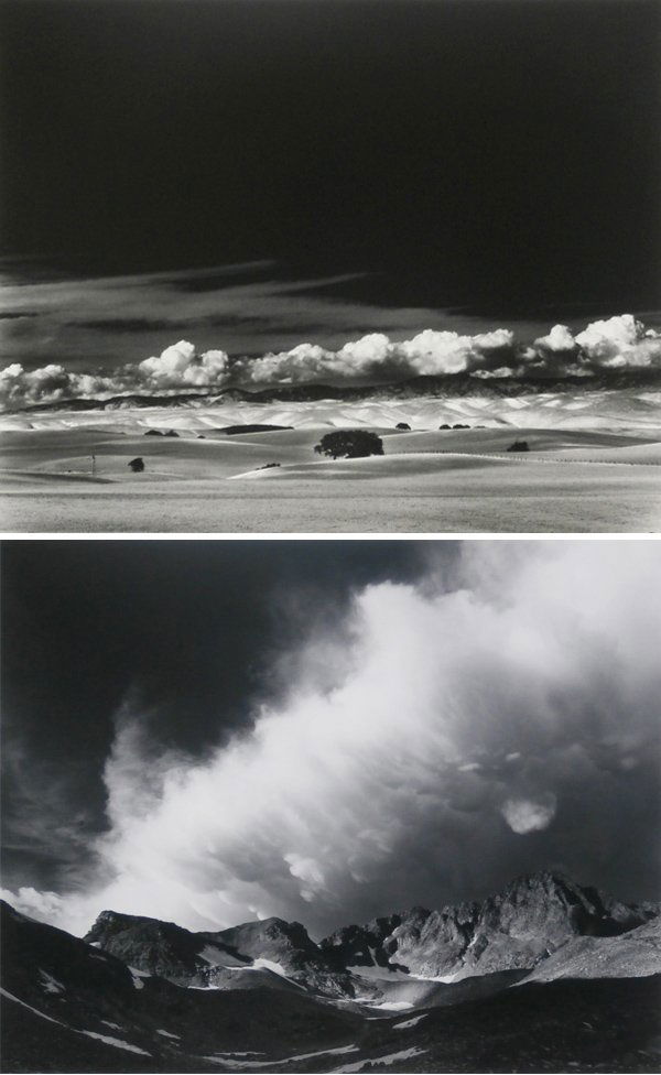Photography: Bruce Barnbaum (20th Century) American (tw: STORM CLOUDS OVER GRANITE PEAK, 1979; HILLS & CLOUDS: CENTRAL CALIFORNIA, 1977, two gelatin silver prints, 15 ½ x 19 ¼” & 15 x 19”, both artist mounted to board, each signed and dated on board a