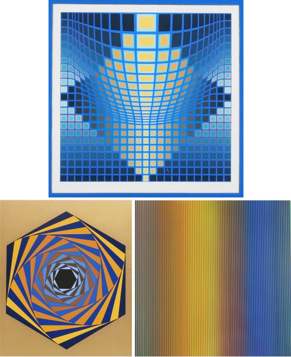 Victor Vasarely (1908-1997) (2) & Stanley Mi*** (three): Victor Vasarely, UNTITLED, color screenprint, signed in pencil, from the edition 250, image 24 ½ x 24 ½”, full margins, framed with glass, pale toning, otherwise in apparently good condition; SHUT