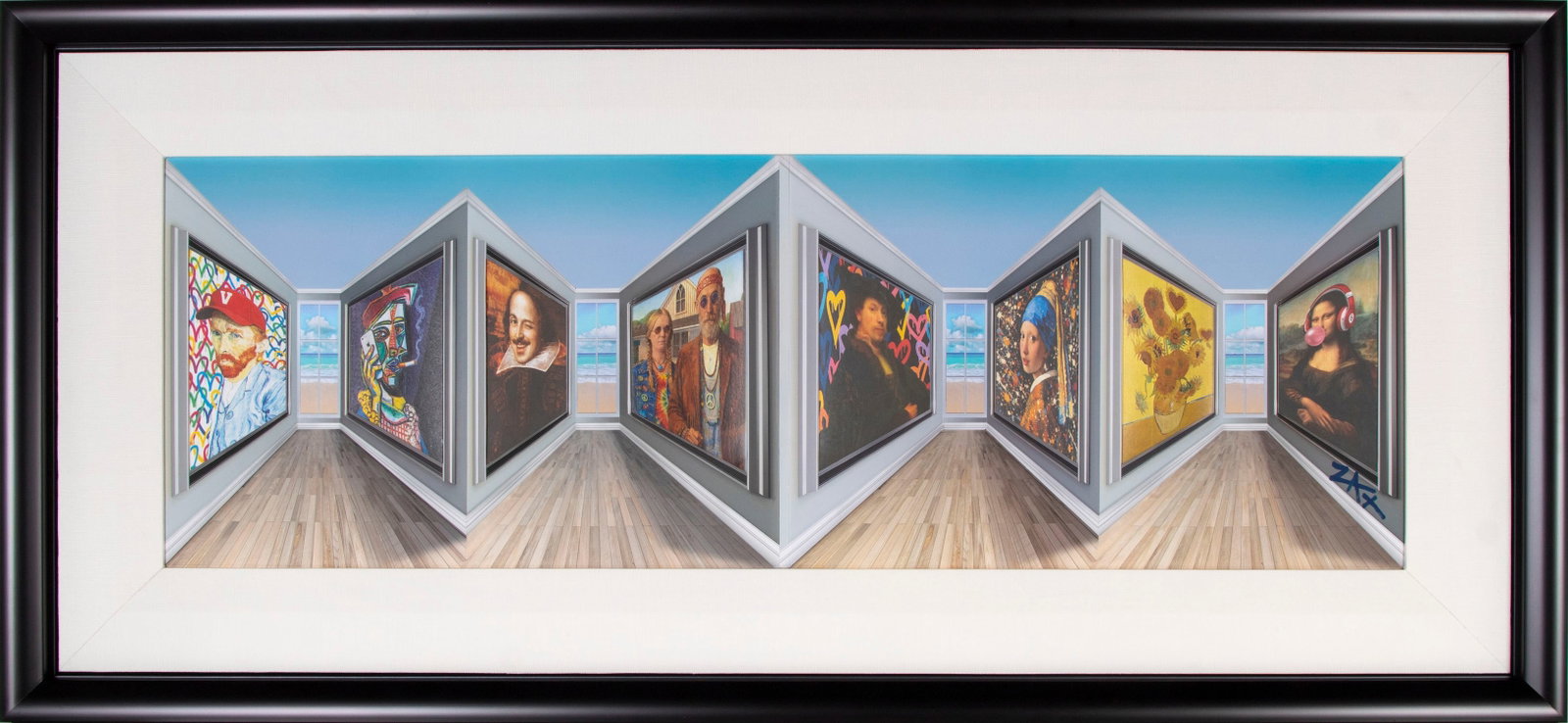 E. M. ZAX (20 th / 21 st Century) California: GALLERY OF ARTISTS, 2025, 3-D optical illusion multiple, signed lower right, frame 21 ½ x 45 ½ x 2 ½”, artwork protrudes from the frame. With artist’s certificate on verso