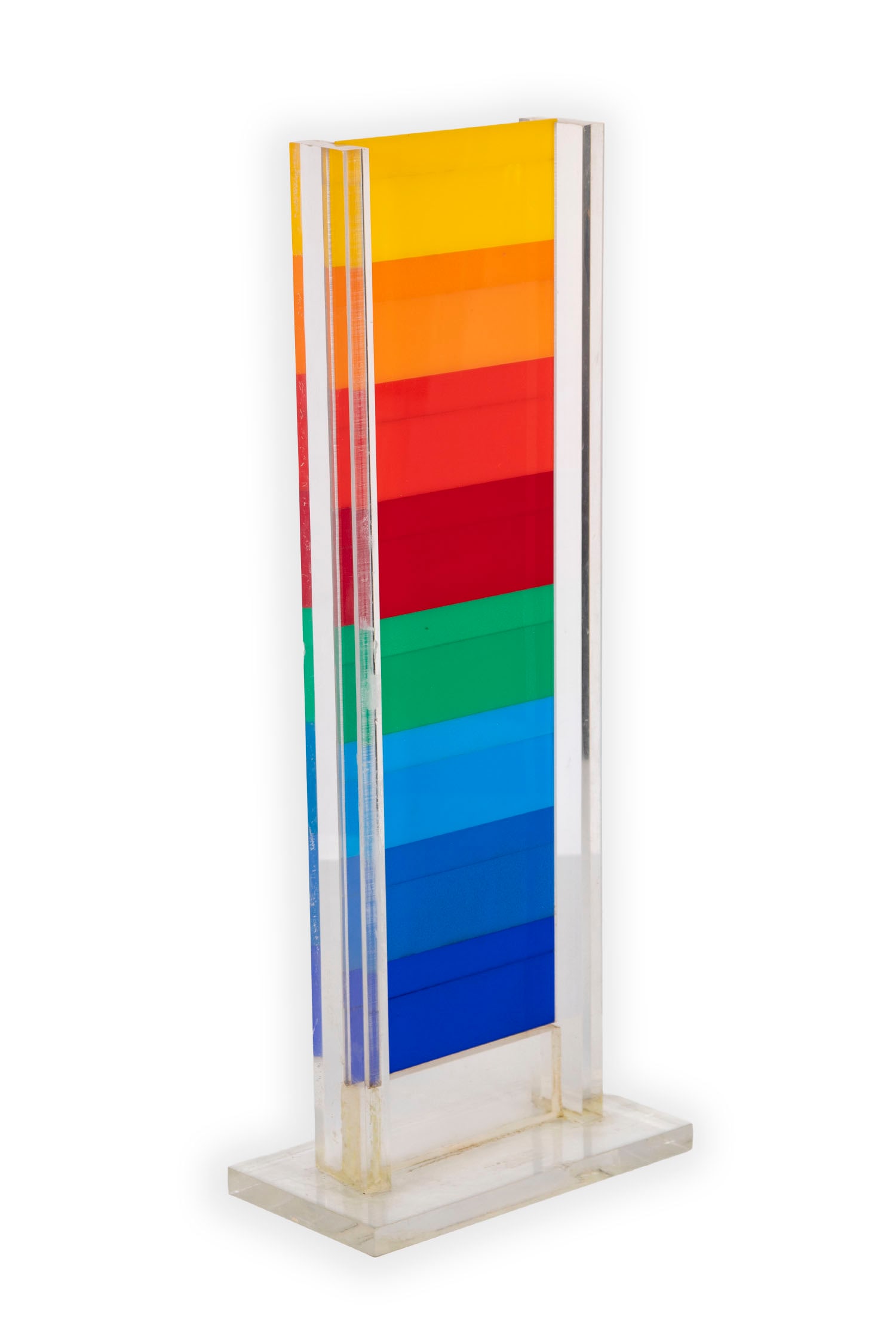 Albert Chubac (1925-2008) Swiss: RAINBOW COLUMN, Lucite and acrylic sculpture with slotted color bans, signed and numbered 2/90 with a stylus on the base, sculpture 19 x 5 ½”, overall 21 ½ x 8 ¾ x 4 ¾