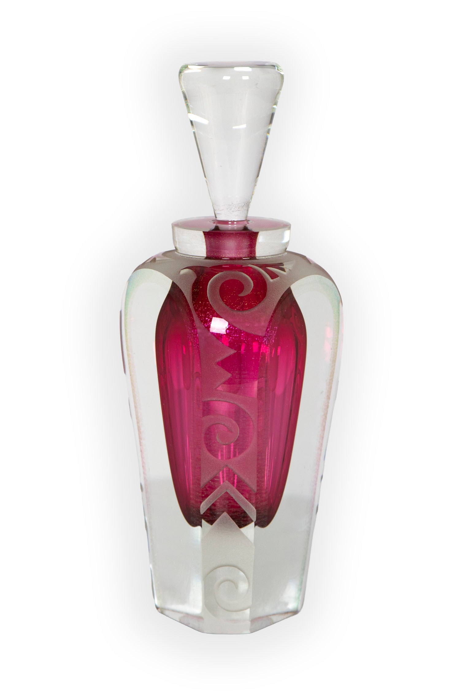 Correia art glass: Clear and dichroic color etched glass perfume, signed and dated 1986 and inscribed underneath, 8 ¼” tall including stopper.