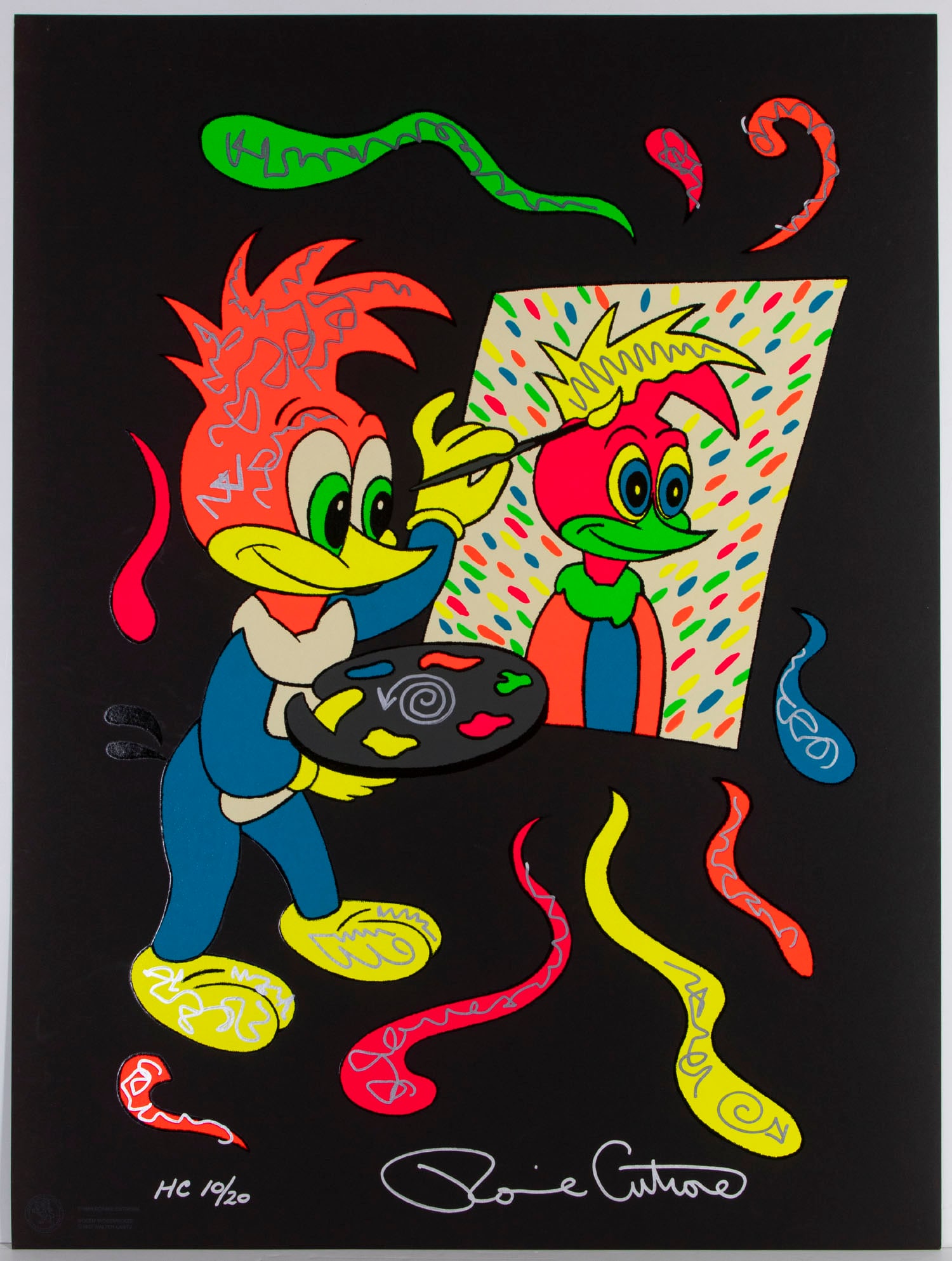 Ronnie Cutrone (1948-2013) American: PAINT YOUR FACE, 1989, color screenprint on deluxe edition black paper with extensive handwork, signed and inscribed HC (hors commerce) 10/20 in silver ink, image 36 x 26", with full margins, Robert