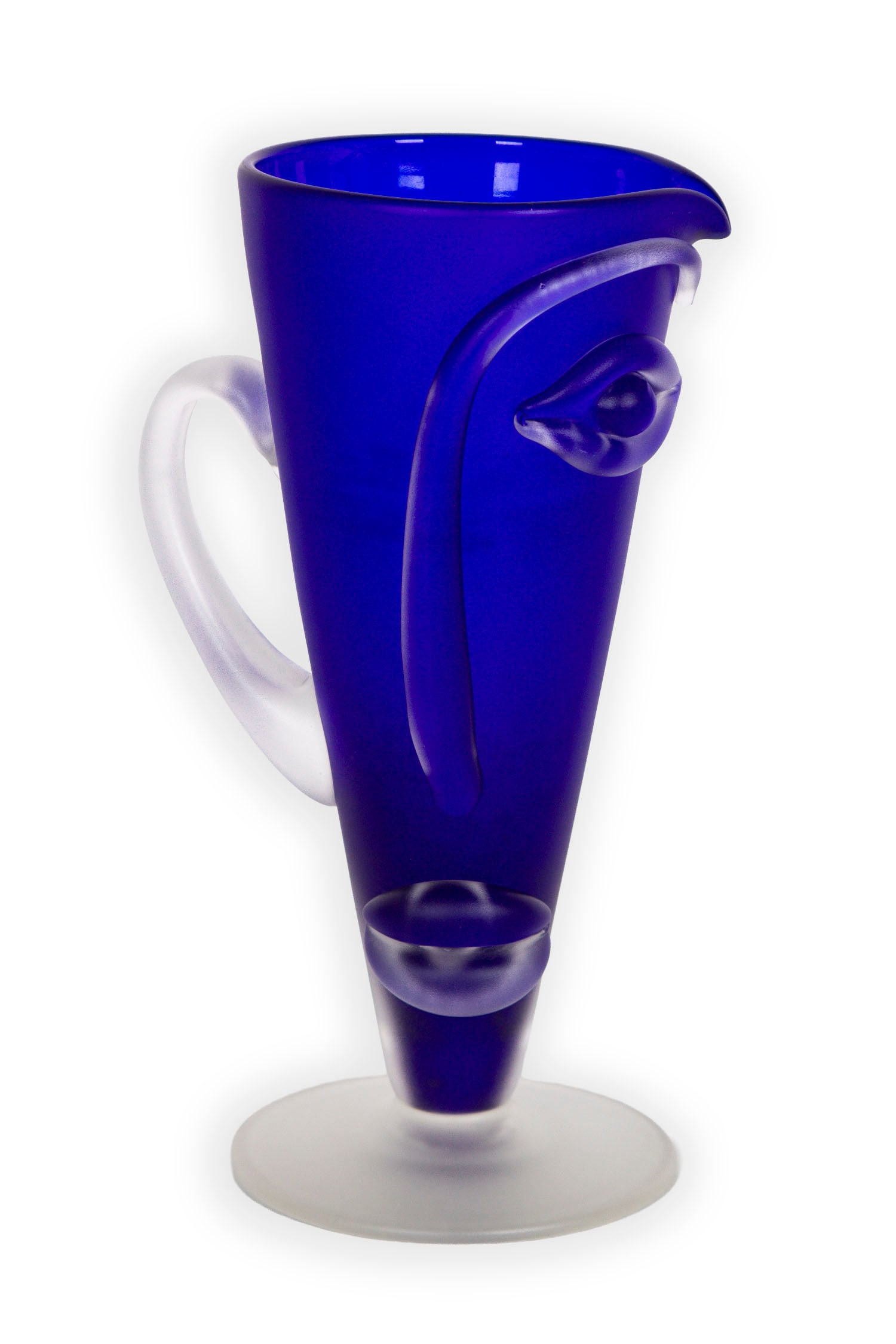 Lestyn Davies (b. 1963) Blow Zone Studio glass: Blue and clear asymmetric face pitcher, signed and dated 1997 on backside, 8 ½” tall, 5” wide, weight less than 10 lbs.