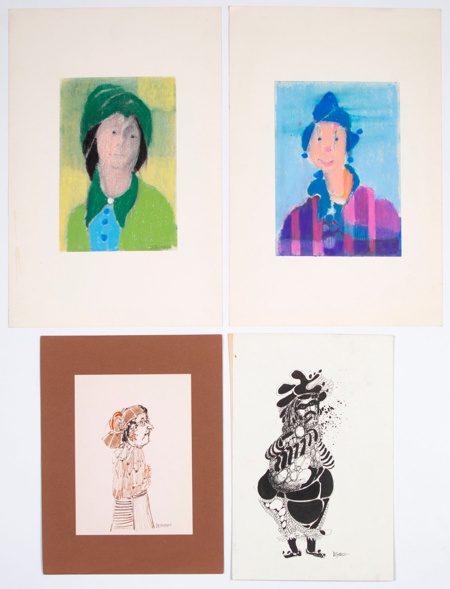 Alfred DeFossez (b. 1932) French (four): PORTRAITS AND FIGURES, two oil stick drawings and two ink drawings on paper, each signed lower right, the largest 12 ½ x 8”, all mounted to various sized papers, largest 16 x 10 ¾&