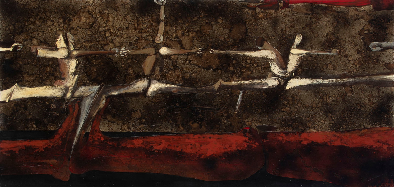 Robert Hansen (1924-2013) American: FIGURES, oil painting on Masonite, signed lower right and left, 24 x 46”, frame 25 x 47”.