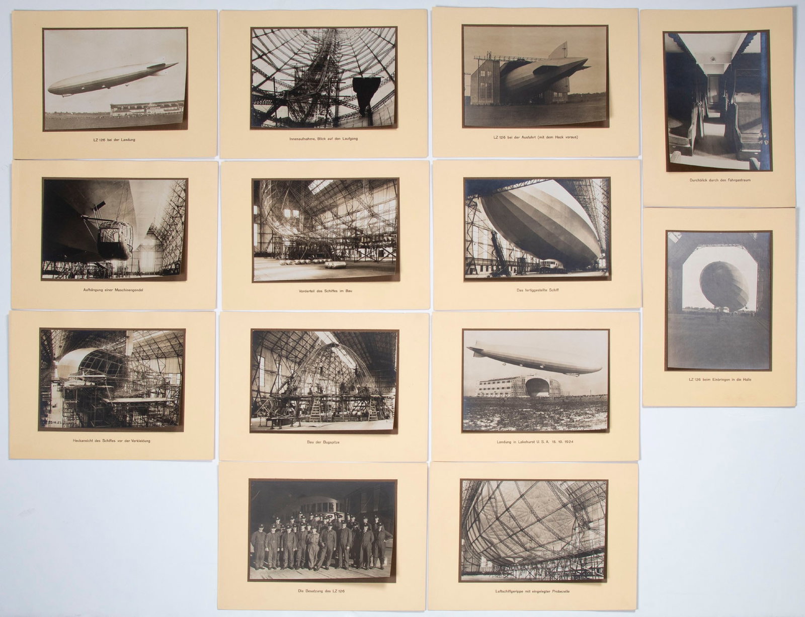 Historical Photography: LZ 126 Zeppelin (thirteen): Group of thirteen vintage 1925 gelatin silver prints documenting the construction of the LZ 126, each stamped Stadtische Gewerbeschule, Esslinger and dated on verso, text in German, images approximate