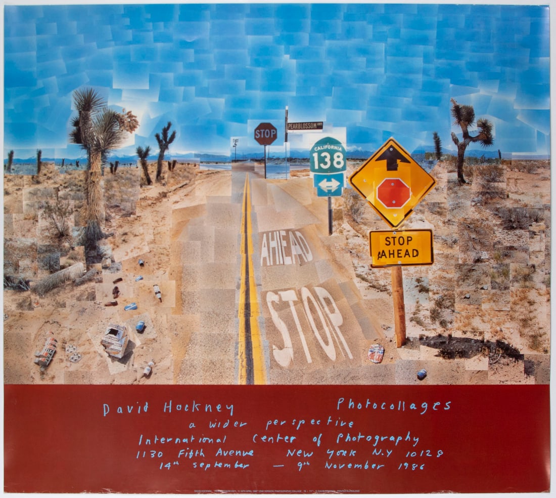 David Hockney (b. 1937) British: PEARBLOSSOM HIGHWAY, 1986, David Hockney Photocollages a Wider Perspective, International Center of Photography exhibition poster color, signed in ink in image lower right center, sheet 32 ½ x 