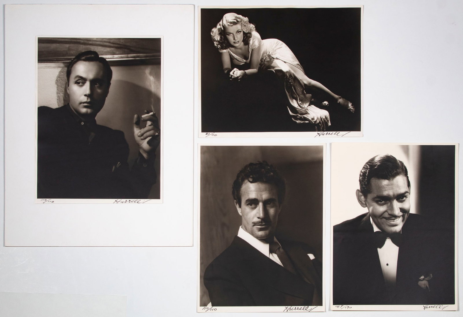 George Hurrell (1904-1992) California (four): ANN SHERIDAN; CLARK GABLE; GILBERT ROLAND; CHARLES BOYER, four gelatin silver prints, each signed and number in ink, three numbered edition of 110, Gable numbered 145/190, each 14 x 11”. Provena