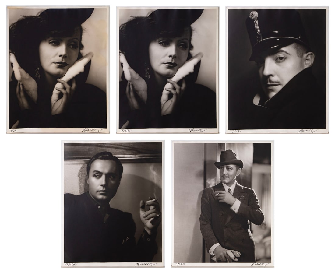 George Hurrell (1904-1992) California (five): GRETA GARBO (two of the same image); RAMON NAVARRO; CHARLES BOYER; JOHN BARRYMORE, five gelatin silver prints, each signed and numbered in ink, each from an edition of 250, the 2 nd Garbo numbered 1/2