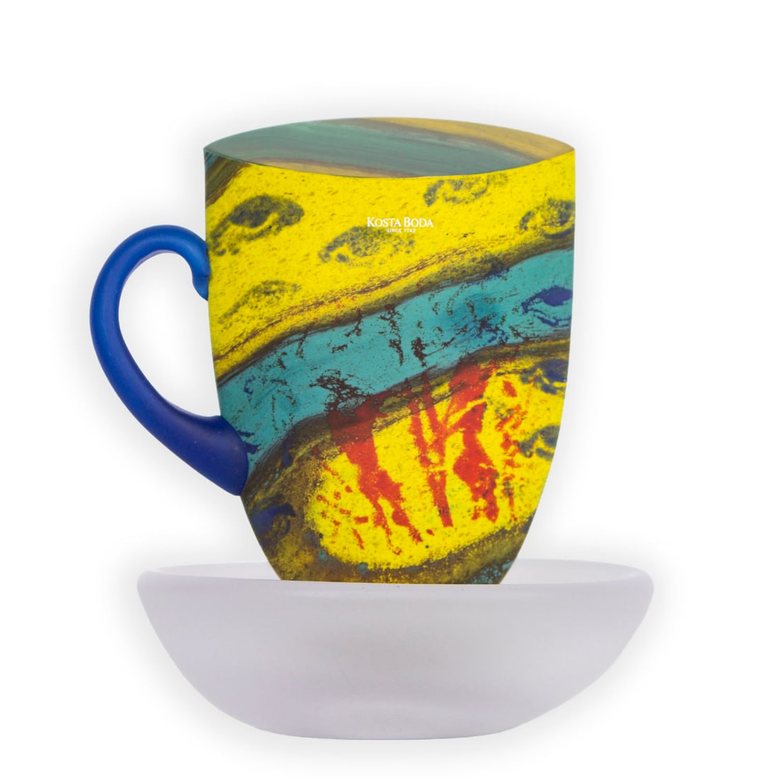 Kjell Engman (b. 1946) Kosta Boda glass: Solid cup and saucer with eye design, signed underneath, 7 ½” tall, 7” wide, weight less than 10 lbs.