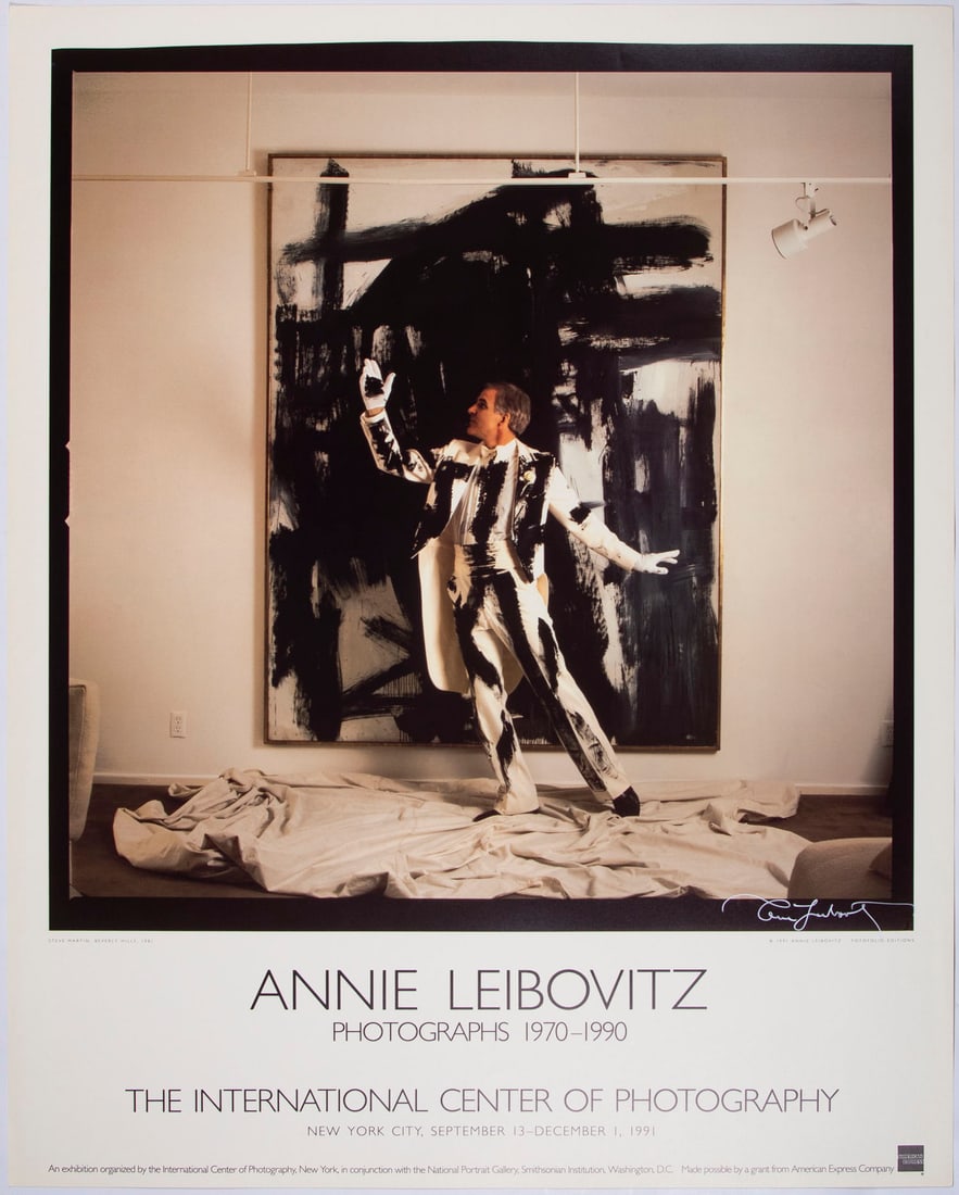 Annie Leibovitz (b. 1949) American (twelve): STEVE MARTIN, BEVERLY HILLS 1981, twelve of the same color posters, each signed in silver ink, Annie Leibovitz Photographs 1970-1990, The International Center of Photography, sheets 30 x 24”. (1
