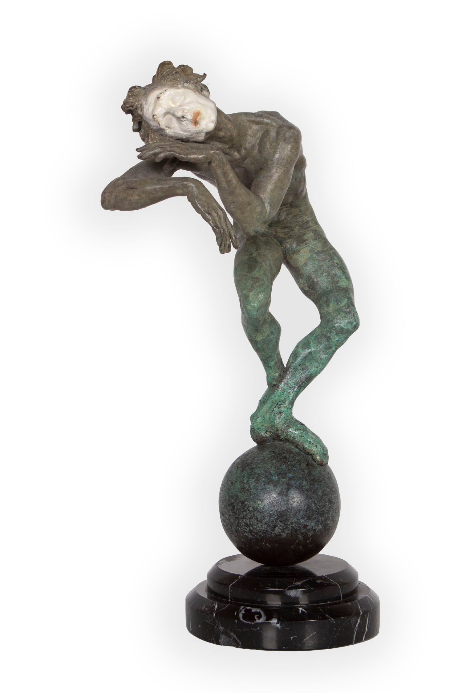 Richard MacDonald (b. 1946) California: SLEEP MARCEL SLEEP, cast bronze sculpture with color patina and cold painted white face, signed and numbered 118/175 on backside of ball, 15 ½” tall, 17 ½” tall including