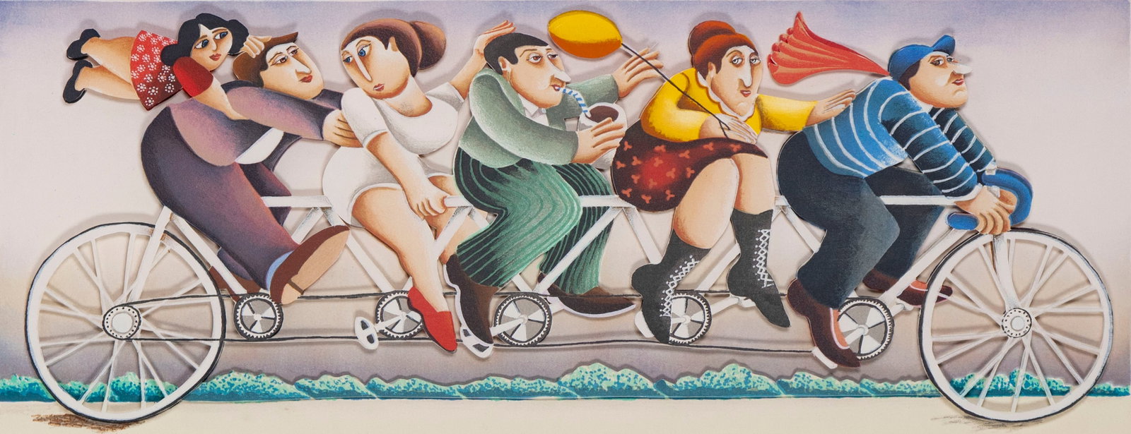 Yuval Mahler (b. 1951) Israeli: BICYCLISTS, color lithograph with 3-D cut-out collage, signed and numbered 5/30 in pencil, image 9 ½ x 24 ¼”, blind stamp lower right full margin, frame 17 ¼ x 32”