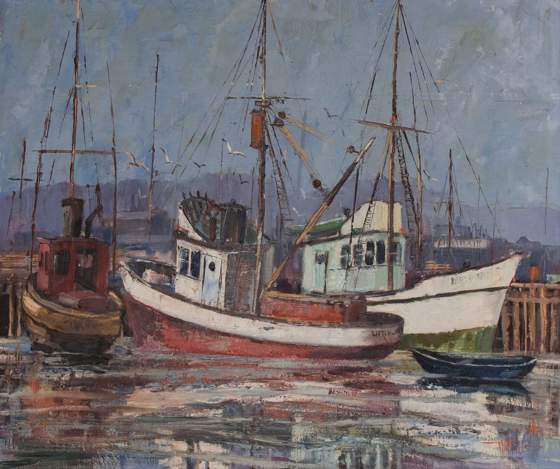 Wilfrid Taylor Mills (1912-1988) California: DOCKED BOAT IN HARBOR, oil painting on Masonite, signed lower right, 20 x 24”, frame 23 ¾ x 27 ¾”.