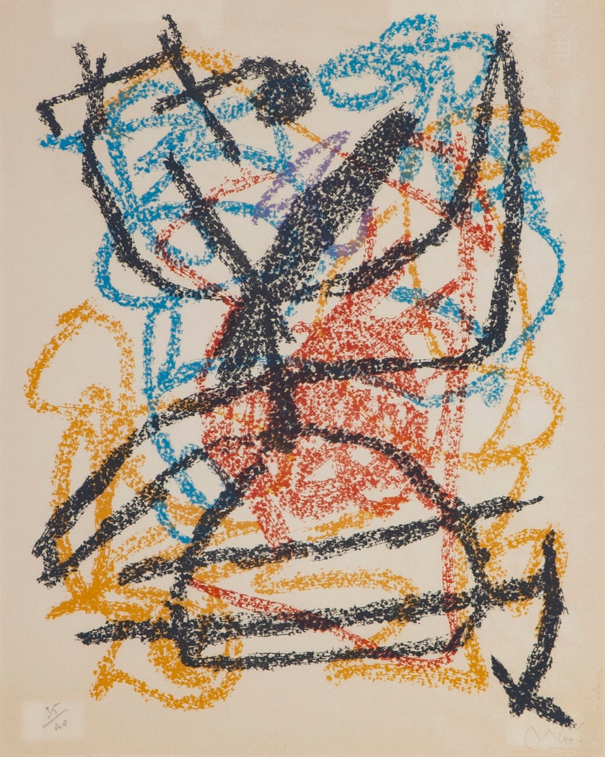 Joan Miro (1893-1983) Spanish: I WORK LIKE A GARDENER (Miro Vol. II, Mourlot 377), 1963, color lithograph watermarked paper, signed and numbered 35/40 in pencil from the edition of 25 on Rives Vellum, numbered 16 to 40, sheet 16 x 