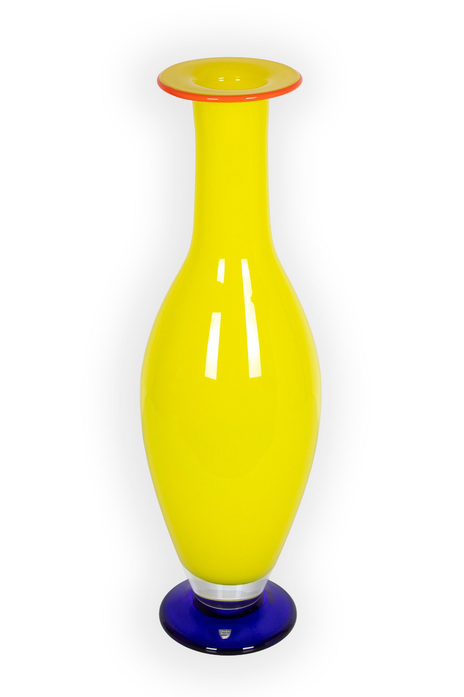 Orrefors glass: Tall yellow vase with orange rim and blue base, signed underneath, label on base, 23” tall, 7” wide, weight less than 10 lbs.