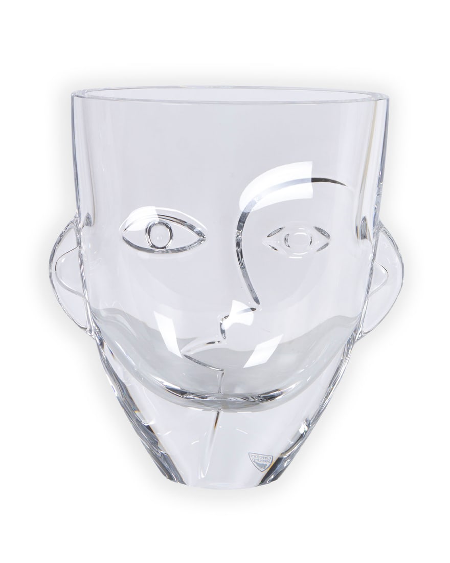 Orrefors glass: Clear thick and wide head vase, signed underneath, label at base, 11” tall, 10 ¼” wide, weight 16 lbs.