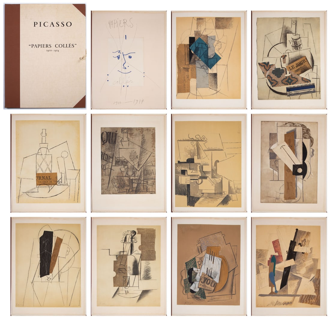 after Pablo Picasso (1881-1973) Spanish (portfolio): PAPIERS COLLES 1910-1914 (Cramer 137), 1966, the complete portfolio with ten color lithographs after cubistic collages and a frontice piece lithograph with collage especially made by Picasso for this