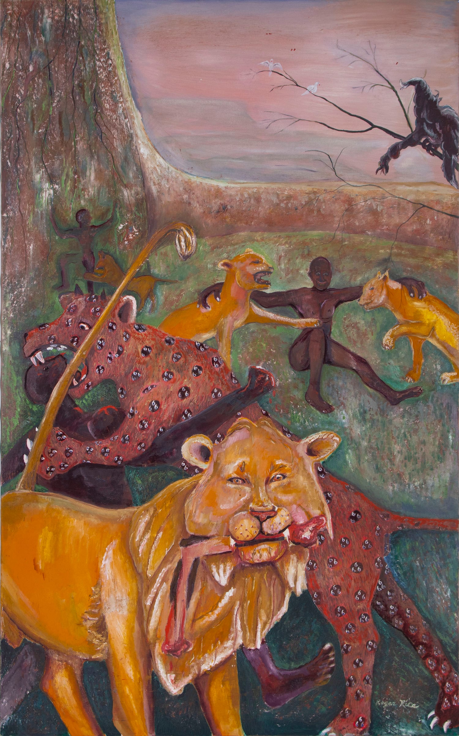 Roger Rice (b. 1958) Mississippi self-taught outsider artist: LION’S DEN, oil painting on canvas, signed lower right, 48 x 30”.