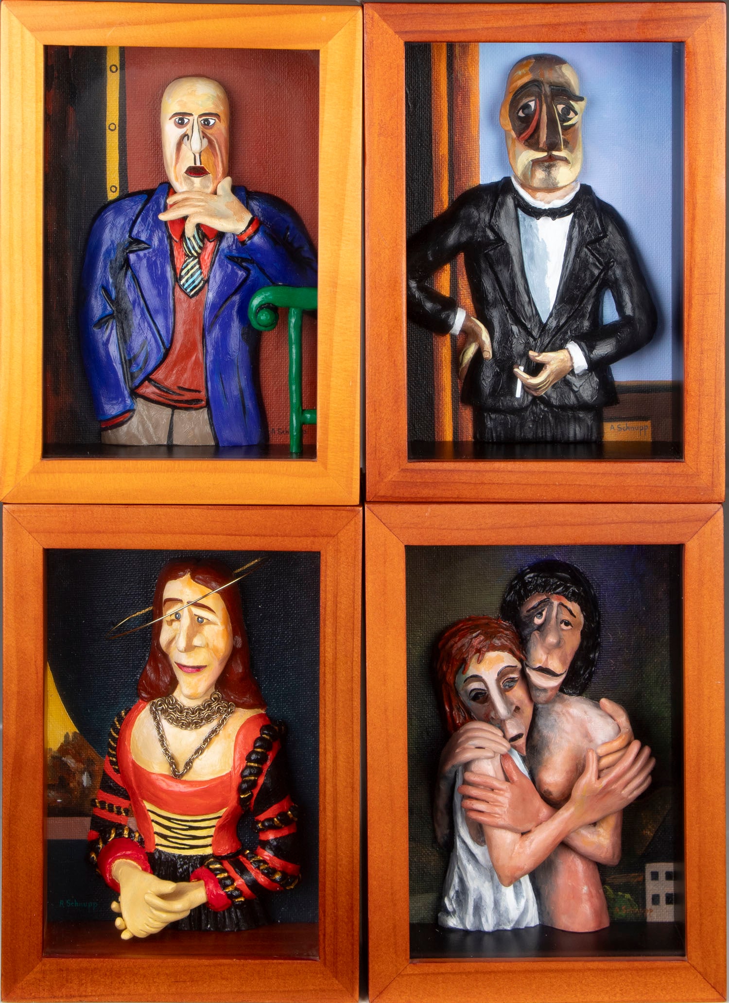 Al Schnupp (20 th Century) California (four): PORTRAITS BY GREAT ARTISTS XVII, Beckman (2), Cranach, Hofer, four mixed media sculptures, each signed, each in 7 ¾ x 5 ¾ x 2 ¾” brown frames with glass. (4)