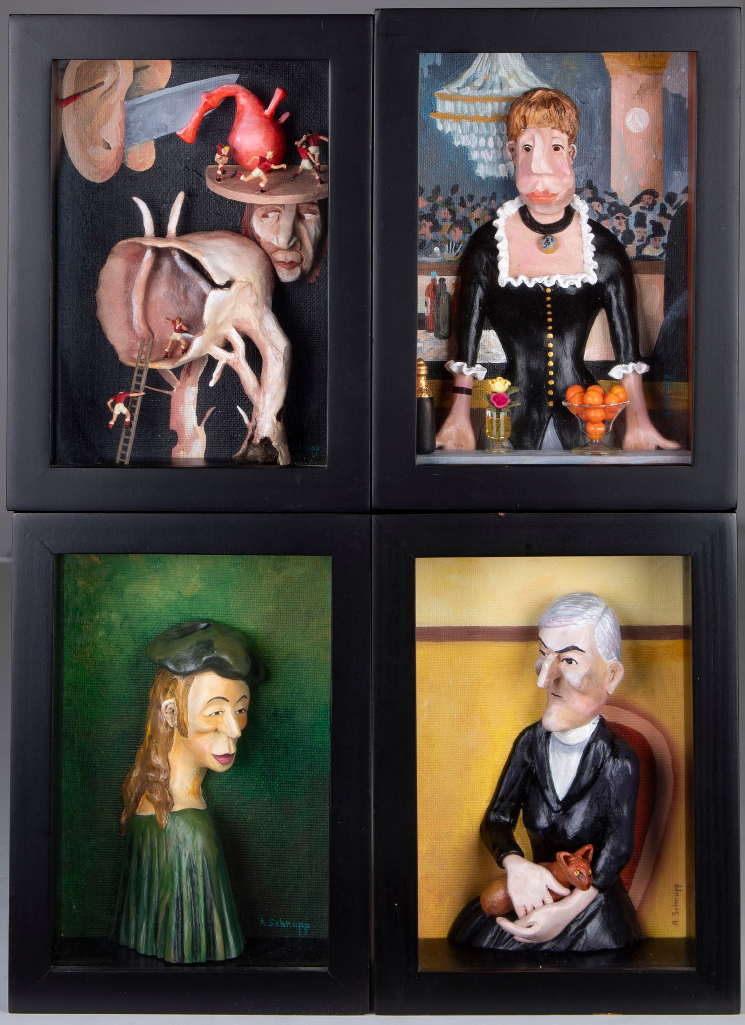 Al Schnupp (20 th Century) California (four): PORTRAITS BY GREAT ARTISTS XIX: Bosch, Manet, Raphael, Corinth, four mixed media sculptures, each signed, each in 7 ¾ x 5 ¾ x 2 ¾” frame with glass. (4)