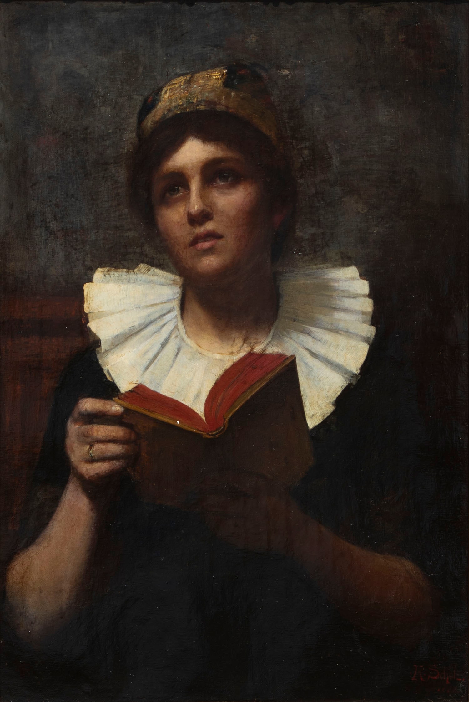 H. Scholtz (19 th / 20 th Century): THE PRAYER SONG, 1888, oil painting on canvas, signed and dated lower right, 22 ¼ x 15 ¼”, frame 28 x 21 ½ x 2 ½” with brass placard identifying artist, date an
