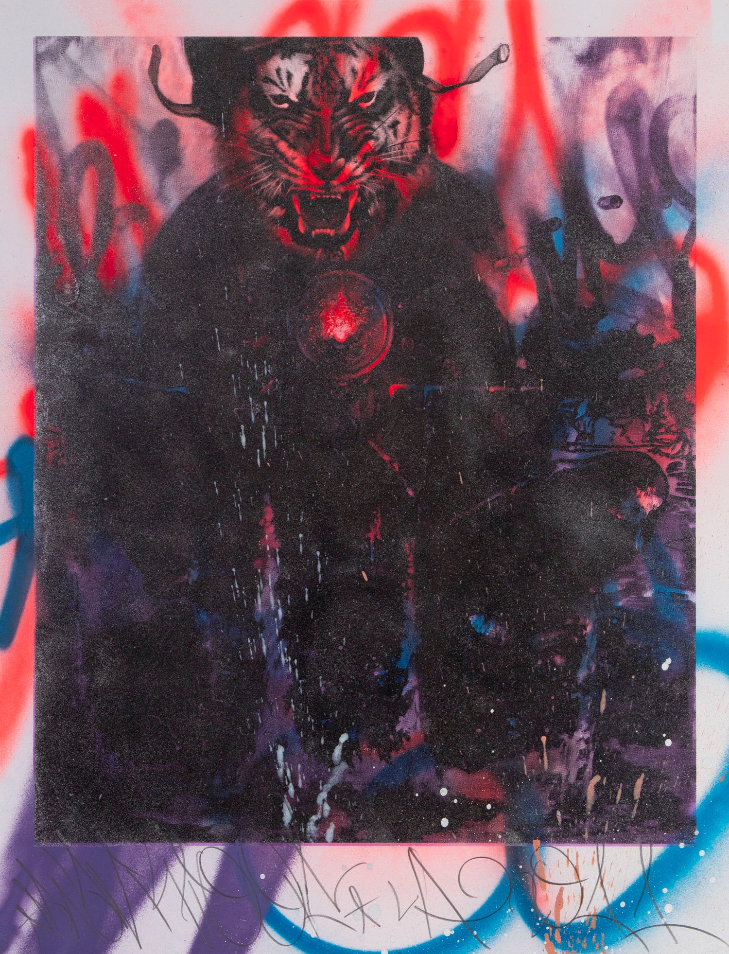 Shark Toof (20th/ 21st Century) Chinese/Californian: TIGER, 2011, extensive spray painting and tagging over color screenprint, signed in pencil lower center, numbered in pencil on verso from the edition of 30, unidentified blind stamp lower right, sheet