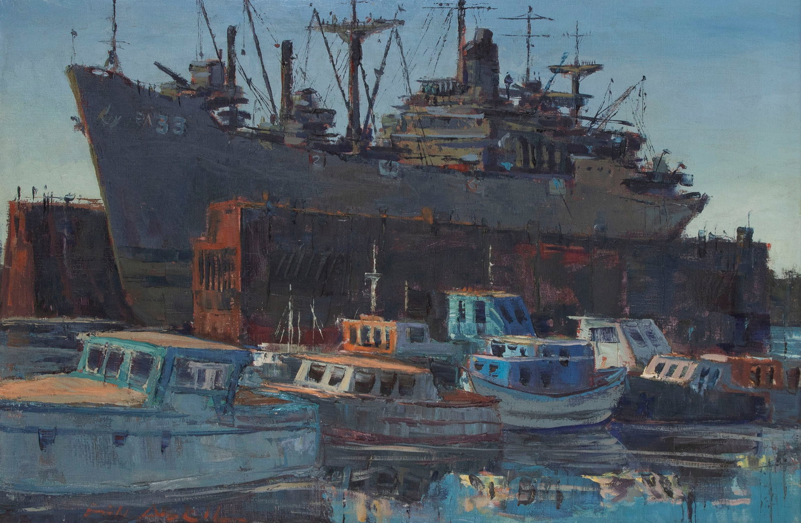 Ben Abril (1923-1995) California: SAN PEDRO CALIFORNIA, IN DRY DOCK, oil painting on canvas, signed lower left, 20 x 30”, frame 28 ½ x 38 ½ x 2 ½”.