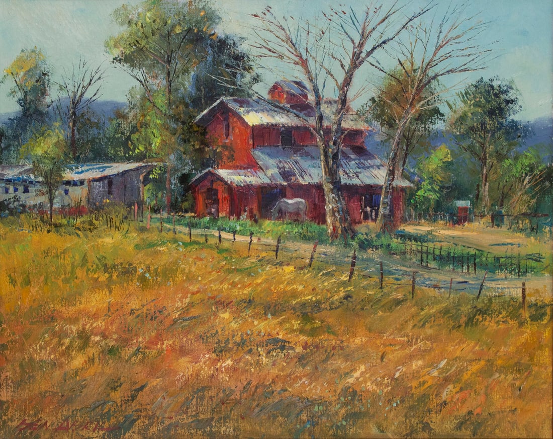 Ben Abril (1923-1995) California: RED BARN IN ACTON, oil painting on canvas, signed lower left, 24 x 30”, frame 31 ½ x 37 x 4”.