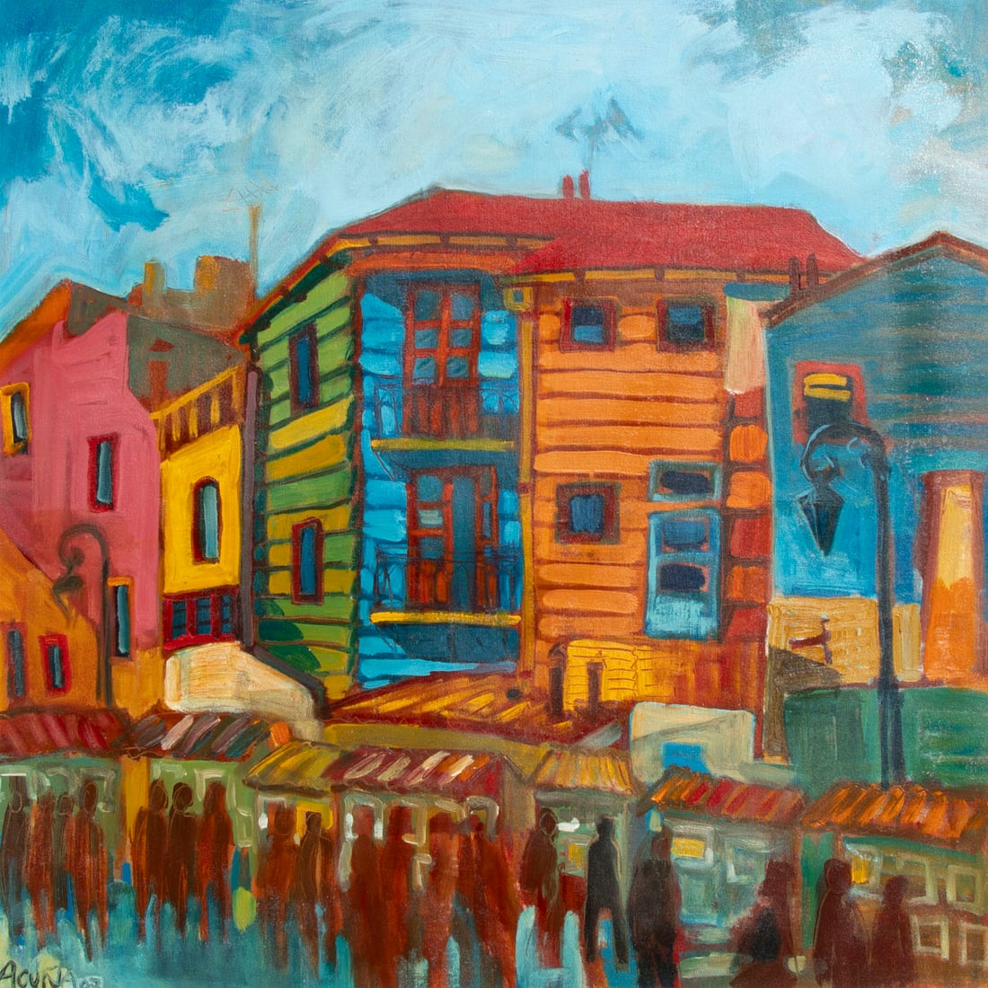 Acuna (20th Century): STREET SCENE, 2007, acrylic painting on canvas mounted to foamcore, signed and dated lower left, 27 ½ x 27 ½”, frame 34 x 34”.