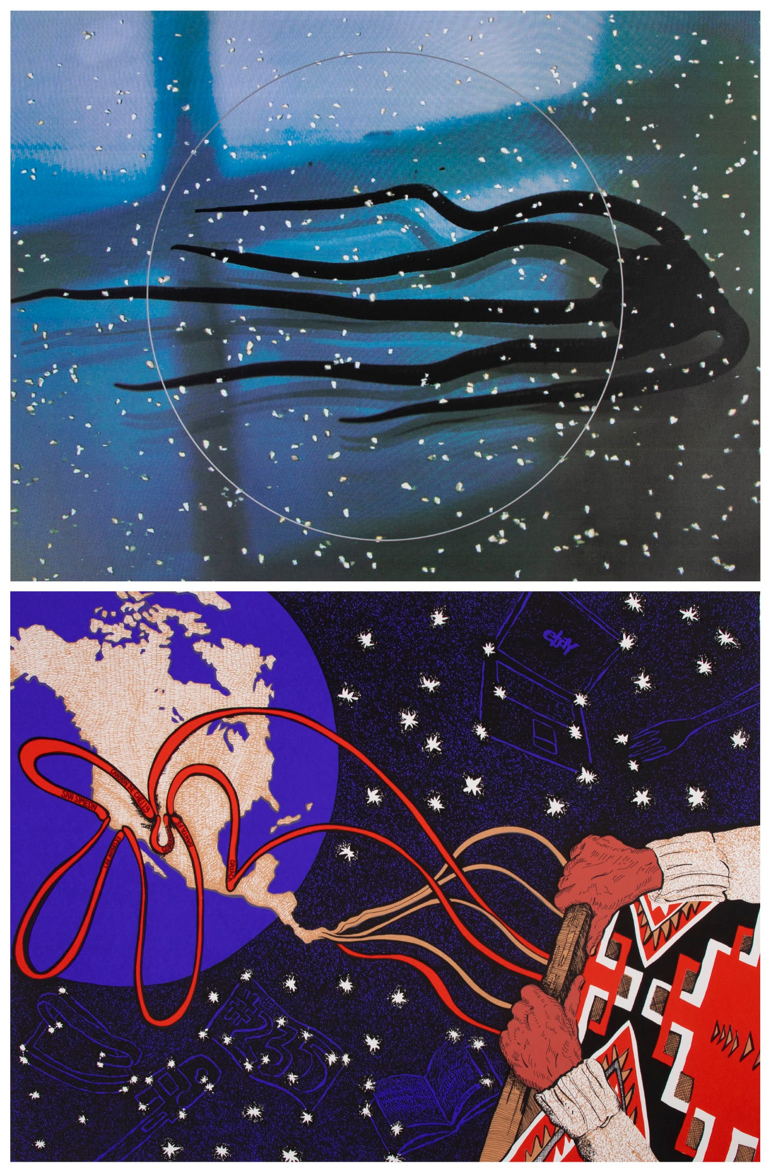 Lita Albuquerque (b. 1946) & Kim Abeles (b. 1952) California (two): Lita Albuquerque OPHIO DEL UNA CIELA, 2005, color screenprint, signed and numbered 72/105 in pencil; Kim Abeles THE MIGRATION OF THOUGHT, 2004, color screenprint, signed and numbered 72/124 in