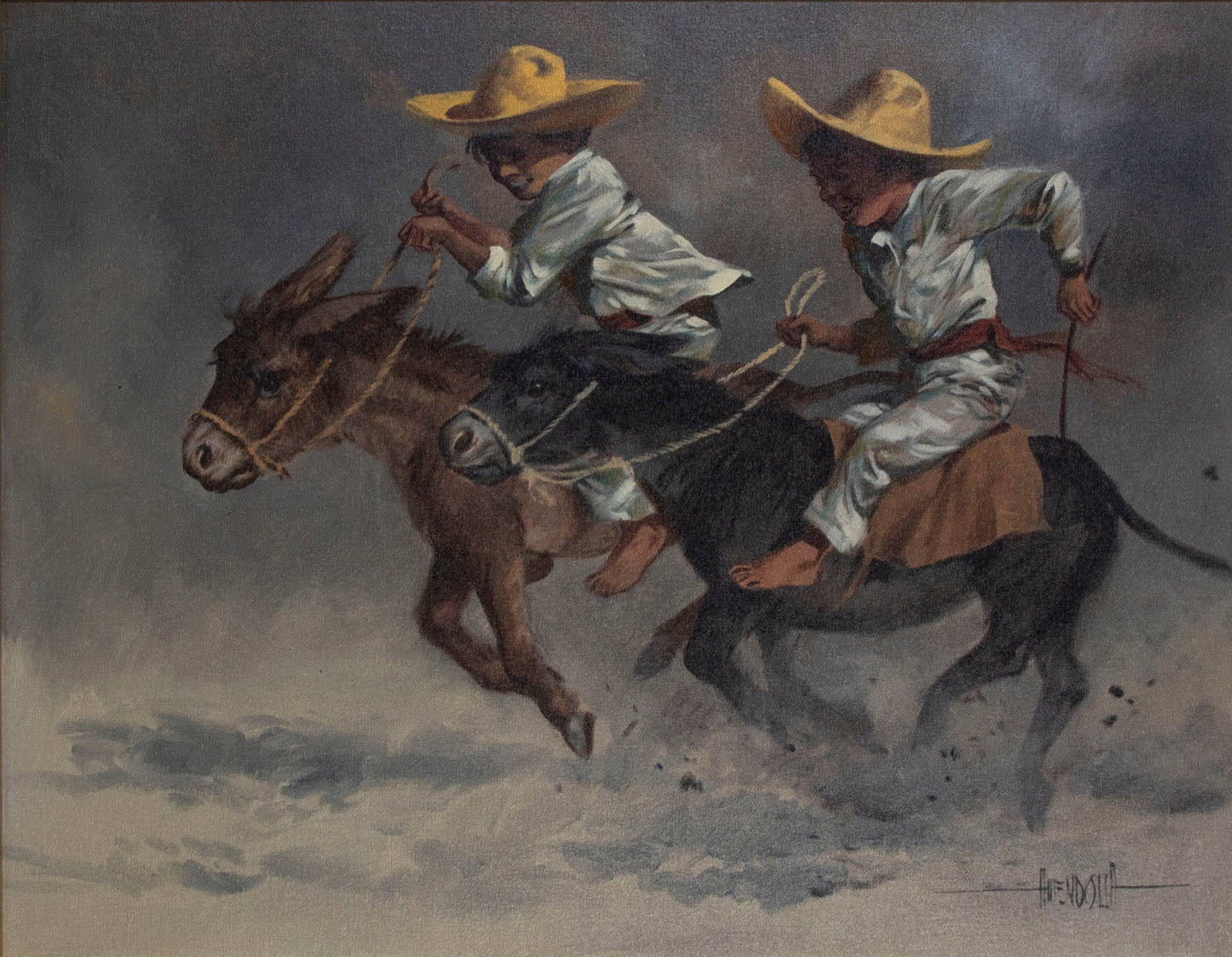 Luis Amendolla (1928-2000) Mexican: BOYS RACING ON BURROS, oil painting on canvas, signed lower right, 22 x 28”, frame 28 ½ x 34 ½”. Provenance: Saddleback Western Art Gallery.