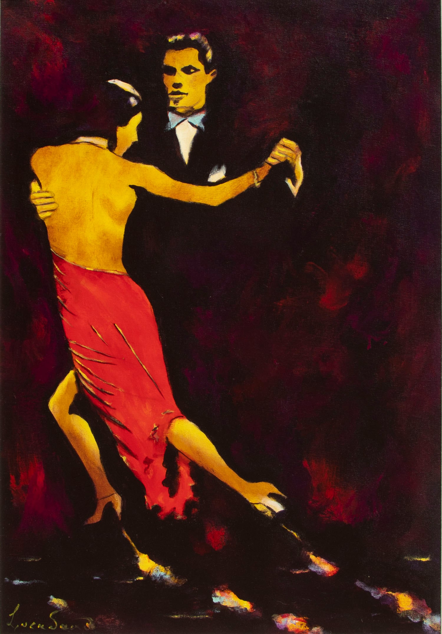 Artist Unidentified (20th Century): TANGO DANCERS, oil painting on canvas mounted to foamcore, signed lower left, 26 x 18”, frame 33 ½ x 25 ½”.