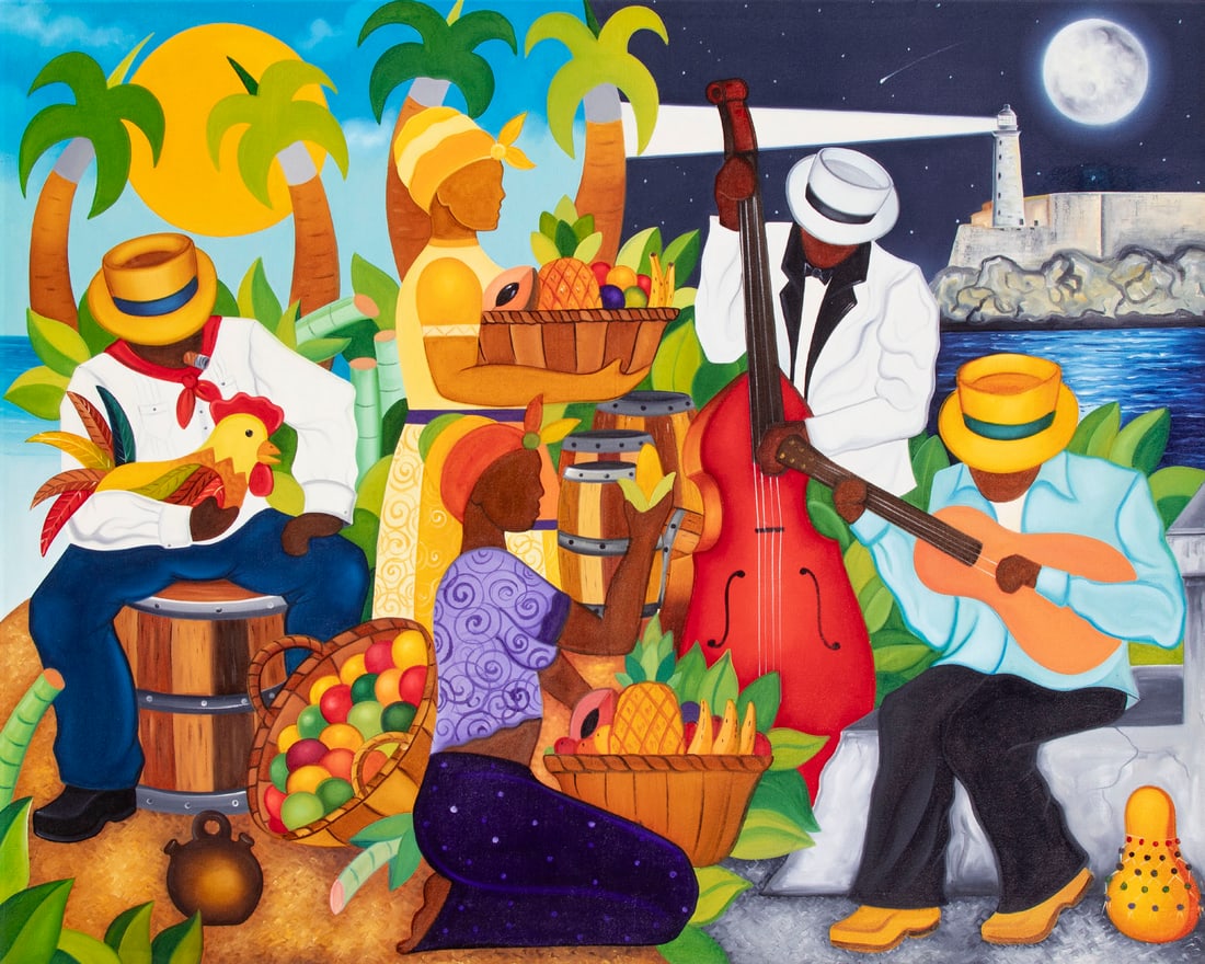 Cuban Artist Unidentified (20th/ 21st Century): COLORFUL SCENE WITH MUSICIANS AND WOMAN WITH FRUIT, oil painting on canvas, a signature not found, 37 x 46”, frame 39 x 47 ¾”.