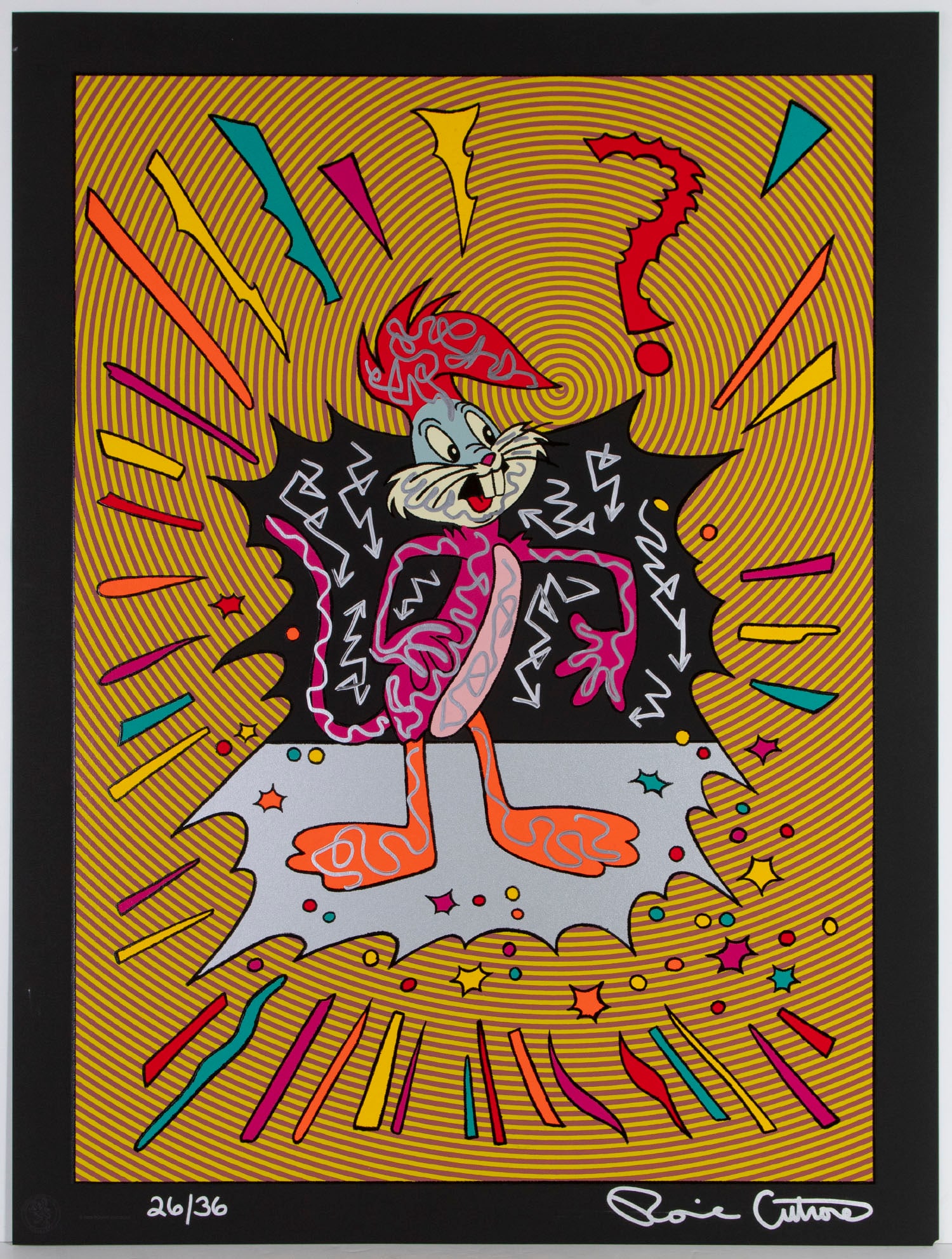 Ronnie Cutrone (1948-2013) American: IDENTITY CRISIS, color screenprint on deluxe edition black paper with extensive handwork, signed and numbered 26/36 in silver ink, published by Robert Bane Ltd with publisher and artist’s blind 