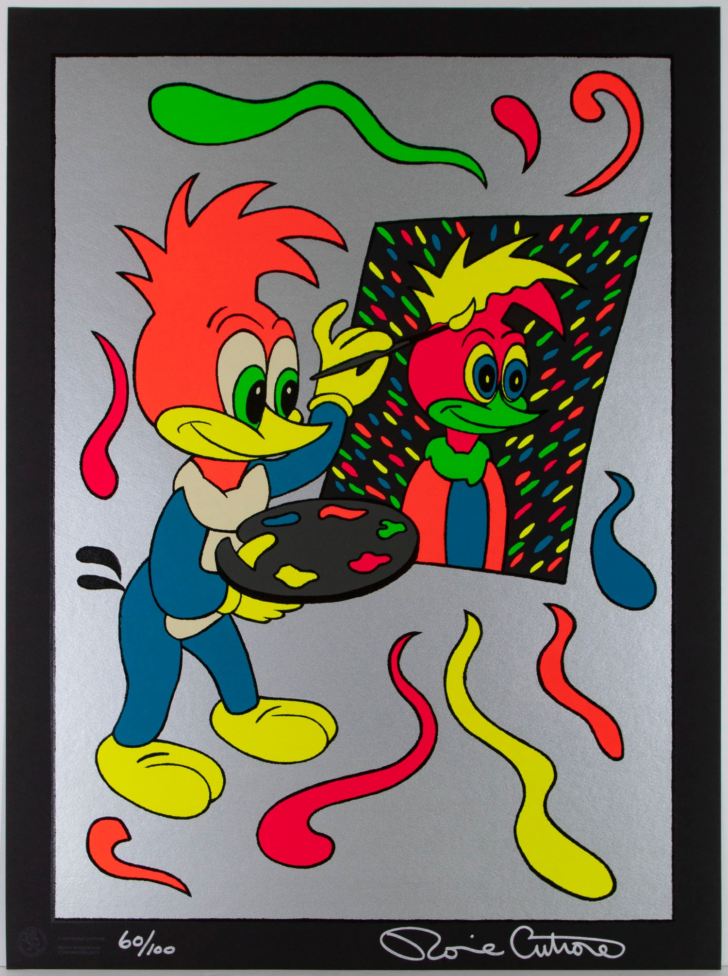 Ronnie Cutrone (1948-2013) American: PAINT YOUR FACE, 1989, color screenprint on deluxe edition black paper, signed and numbered 60/100 in silver ink, image 36 x 26", with full margins, Robert Bane Editions with publisher, artist and 