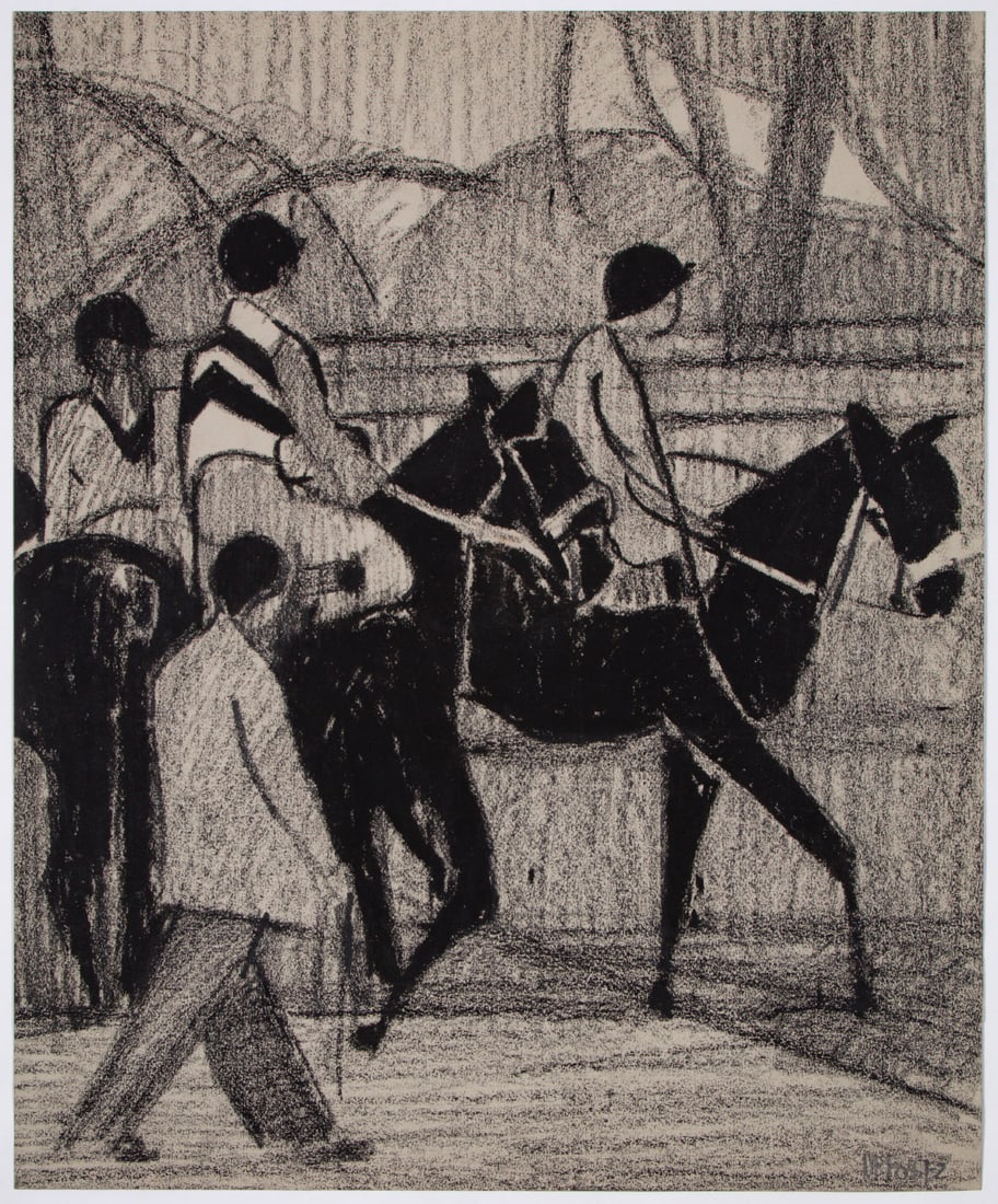 Alfred DeFossez (b. 1932) French: EQUESTRIAN, black oil stick drawing on paper, signed in pencil lower right, 20 ¾ x 17”.