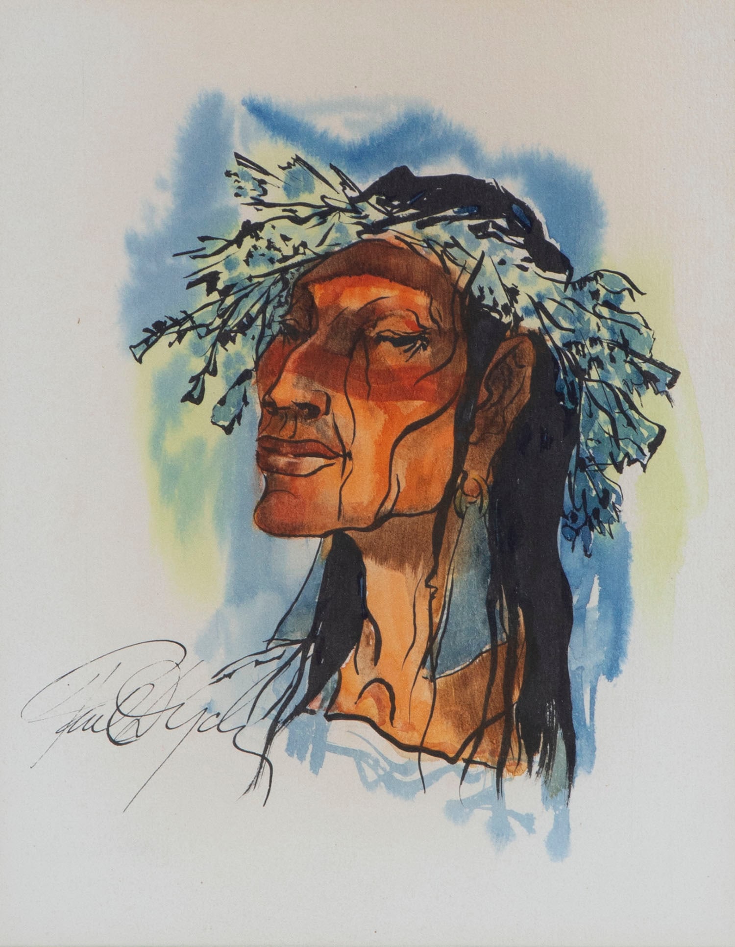 Paul Dyck (1917-2006) Chicago: PORTRAIT OF A NATIVE FIGURE, watercolor on paper, signed lower left, sight 9 x 7 ¼”, frame 17 ½ x 14” with glass.